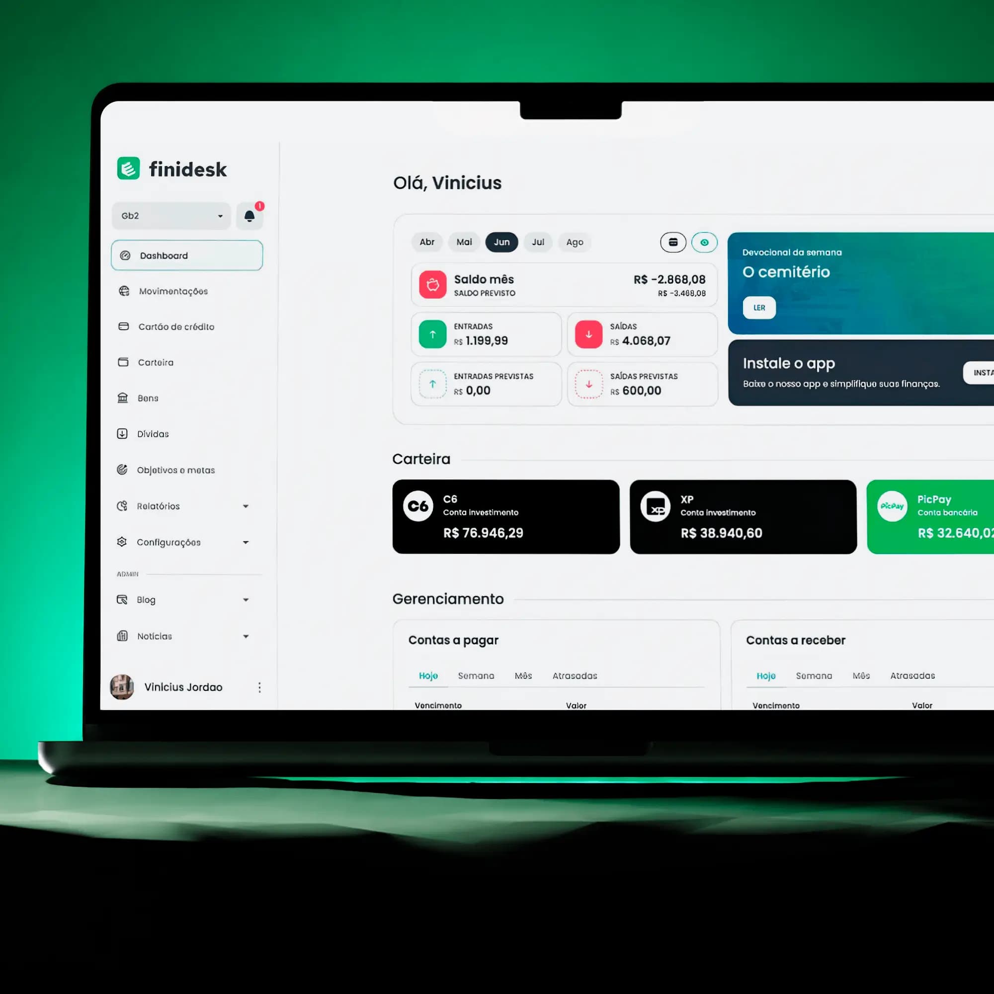 Painel da Finidesk em desktop